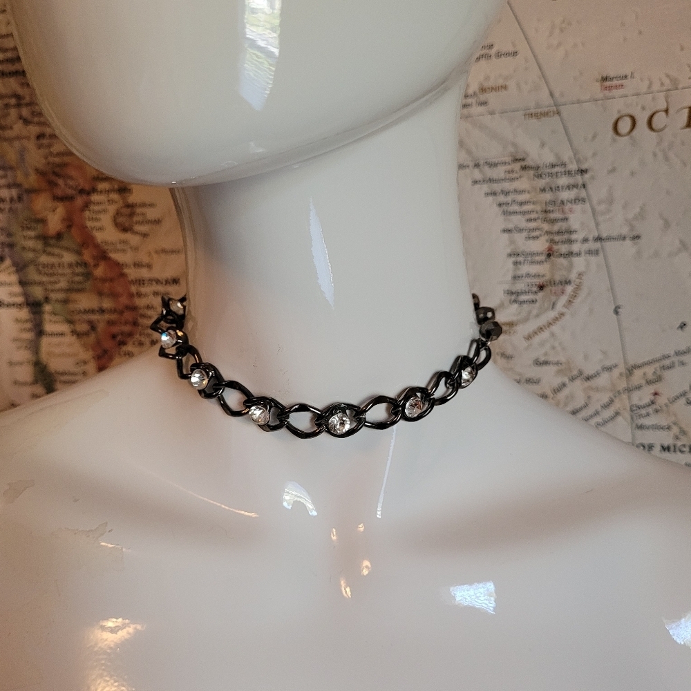 Silver black metal chain link choker necklace large rhinestone whimsigoth grunge